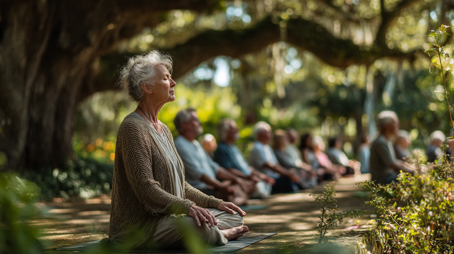 Група людей зрілого віку займається йогою на природі